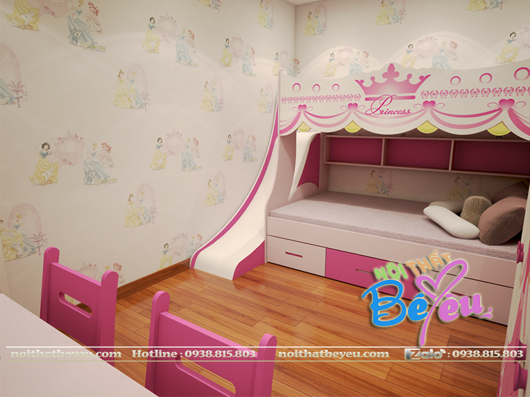 10. giuong tang cong chua cho be gai mau hong co cau truot- phong ngu cong chua - noi that be yeu