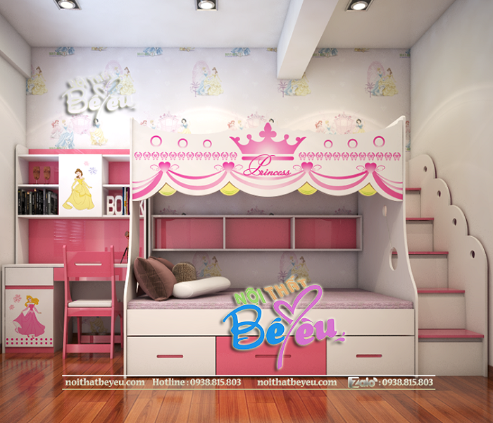 Phong ngu cong chua với giường 2 Tầng mau hong - noi that be yeu 1