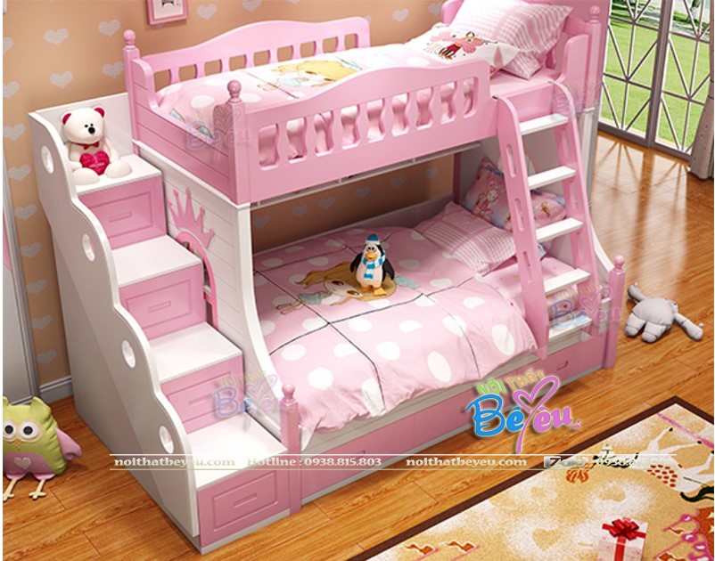 2 giuong tang cho be gai mau hong phan noithatbeyeu.com