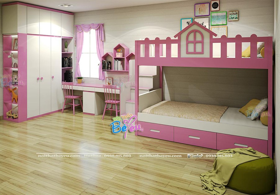 giuong 2 tang mau hong cho be gai noithatbeyeu.com