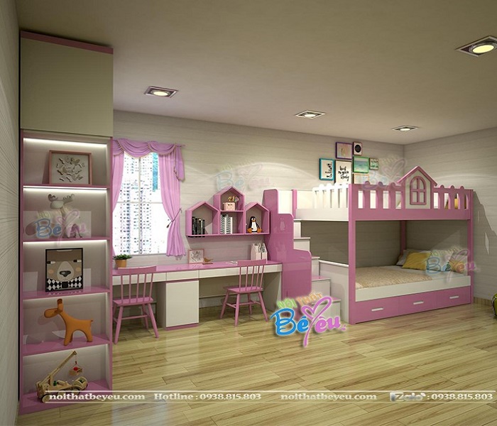 giuong 2 tang mau hong cho be gai noithatbeyeu.com