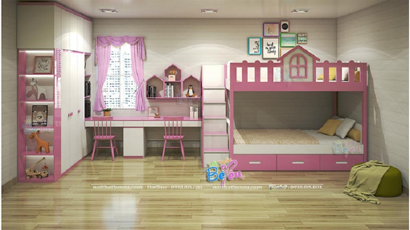 giuong 2 tang mau hong cho be gai noithatbeyeu.com