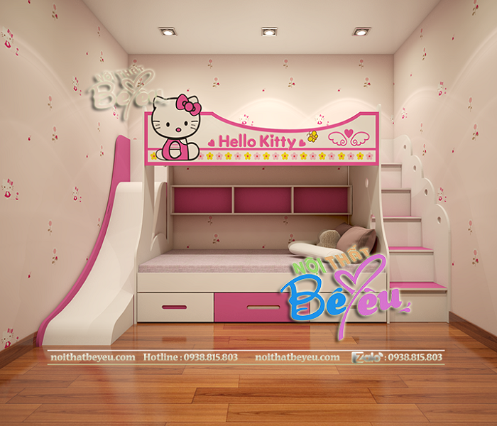 a. Giuong tang tre em Hello kitty co cau truot cho be gai mau hong- noi that be yeu 4