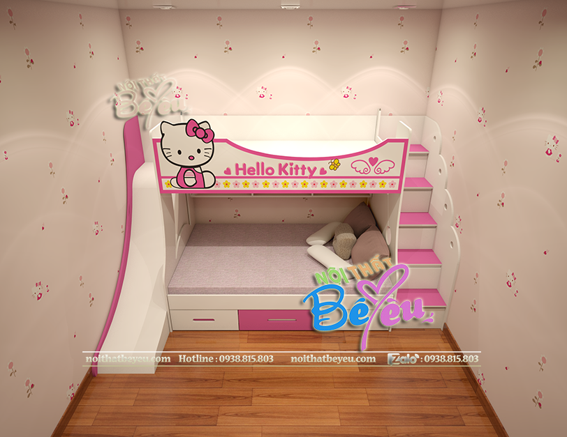 a. Giuong tang tre em Hello kitty co cau truot cho be gai mau hong- noi that be yeu 3