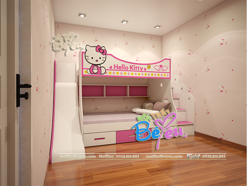 a. Giuong tang tre em Hello kitty co cau truot cho be gai mau hong- noi that be yeu 1
