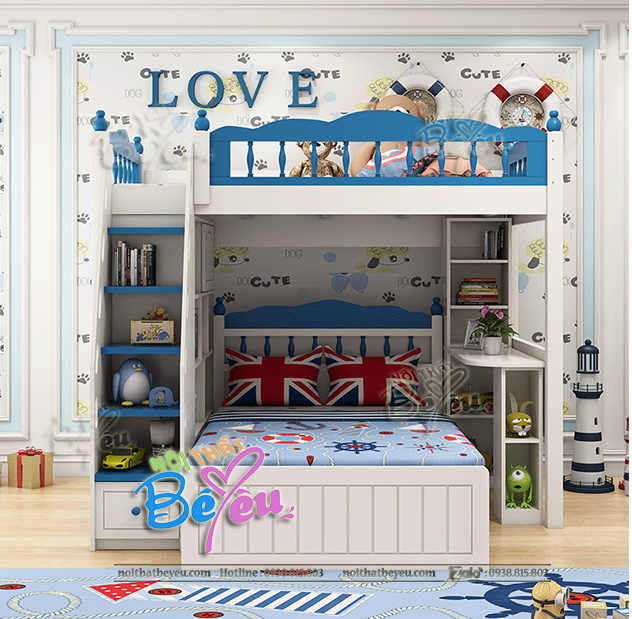 giuong tang ket hop ban hoc tre em cho be trai be gai mau hong xanh noithatbeyeu.com 0938815803