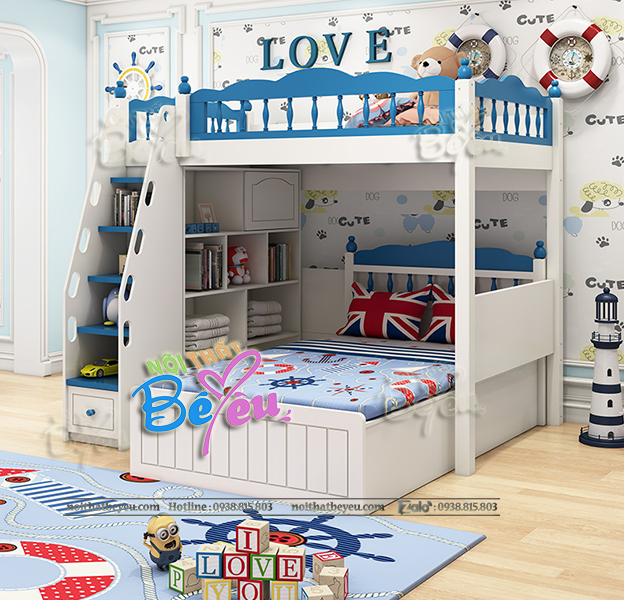 2 giuong tang ket hop ban hoc tre em cho be trai be gai mau hong xanh noithatbeyeu.com 0938815803