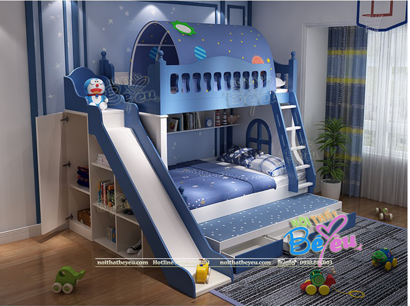 giuong tang tre em co cau truot cho be gai be trai mau xanh noithatbeyeu.com 0938815803