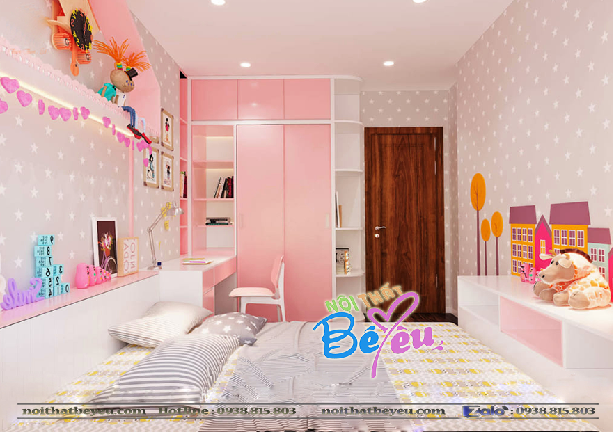 1. phong ngu be gai mau hong xinh dep hien dai - phong ngu tre em 1