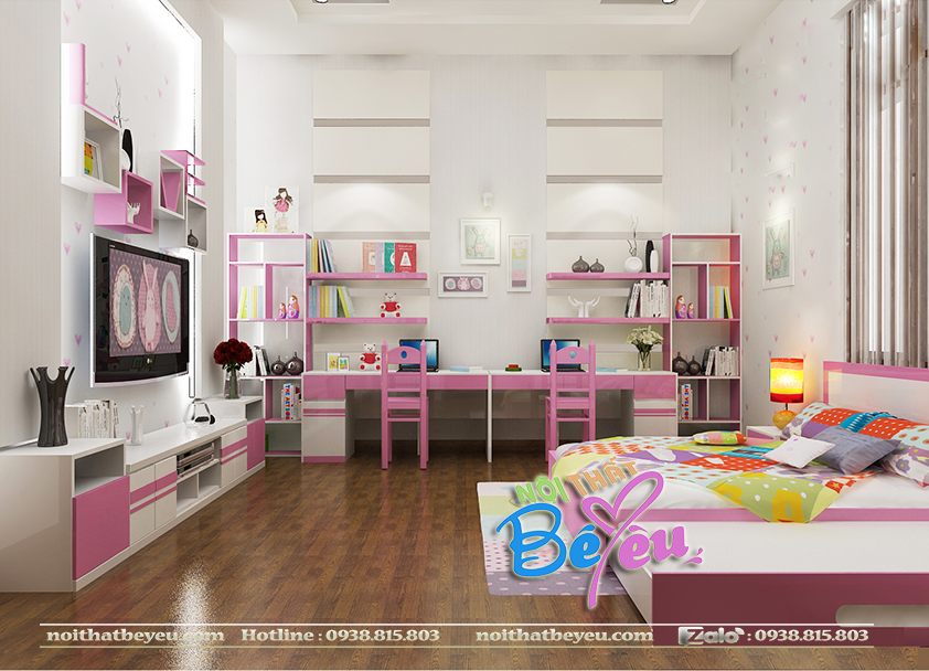 phong ngu 2 be gai mau hong dep hien dai  sang trong. phong ngu tre em 1