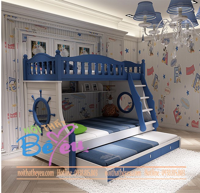 giuong tang cho be trai be gai mau xanh 1