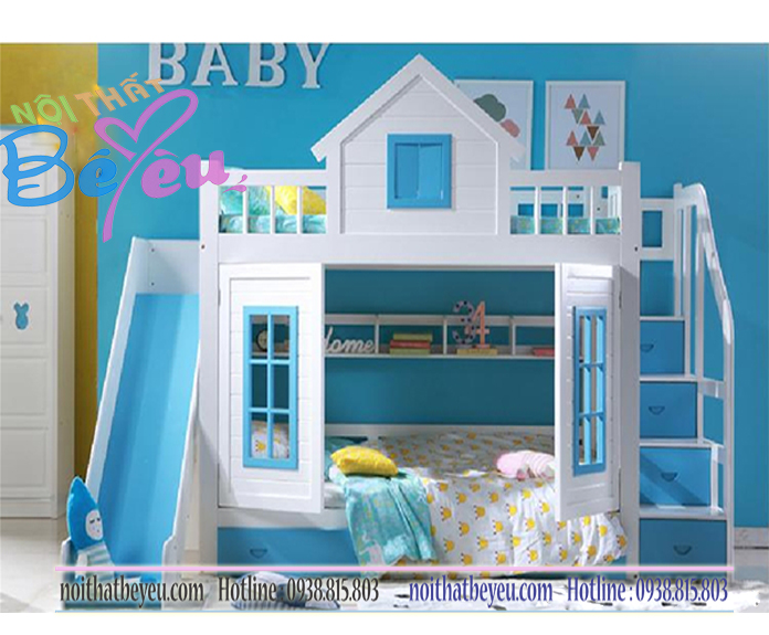 giuong tang trẻ em có cầu tuojt màu xanh