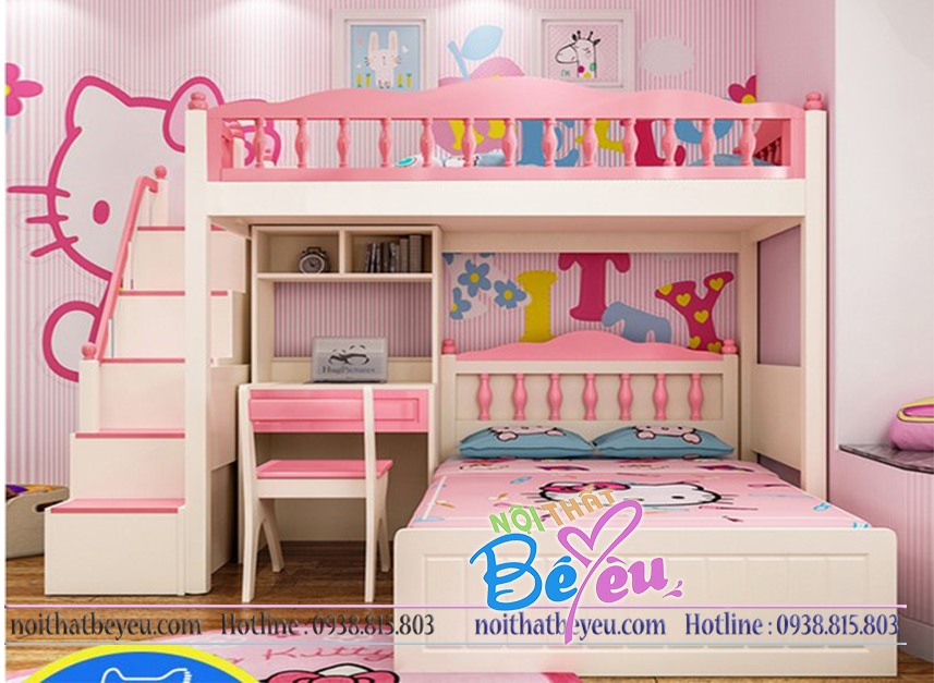 Giuong tang tre em cho be gai mau hong xinh xăn - noi that be yeu -