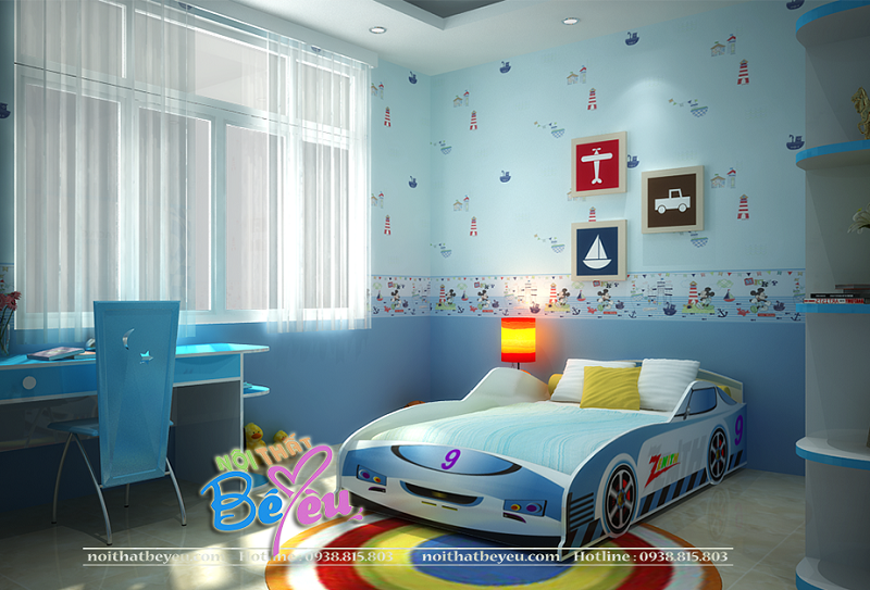1 phong ngu tre em cho be trai mau xanh hinh o to - noi that tre em- noi that be yeu 2
