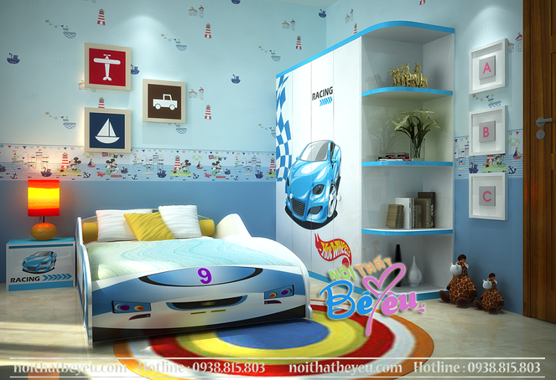 1 phong ngu tre em cho be trai mau xanh hinh o to - noi that tre em- noi that be yeu 4