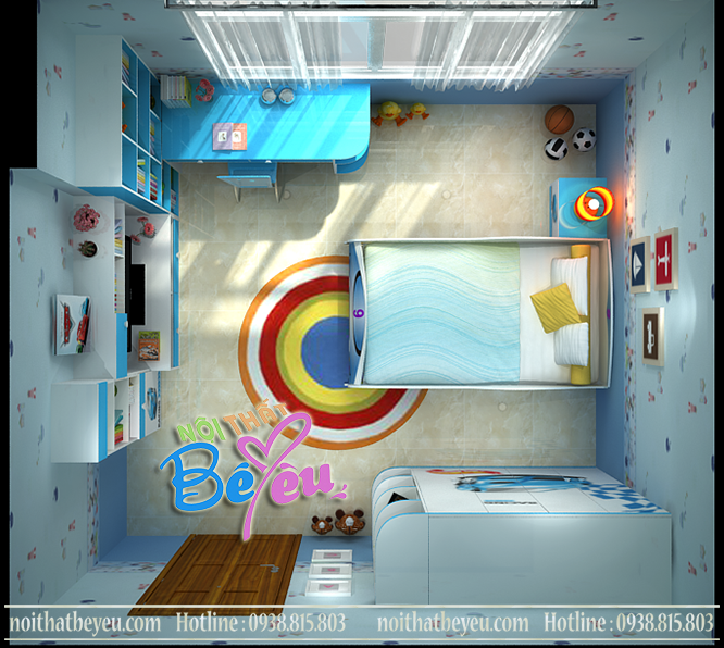 1 phong ngu tre em cho be trai mau xanh hinh o to - noi that tre em- noi that be yeu 8