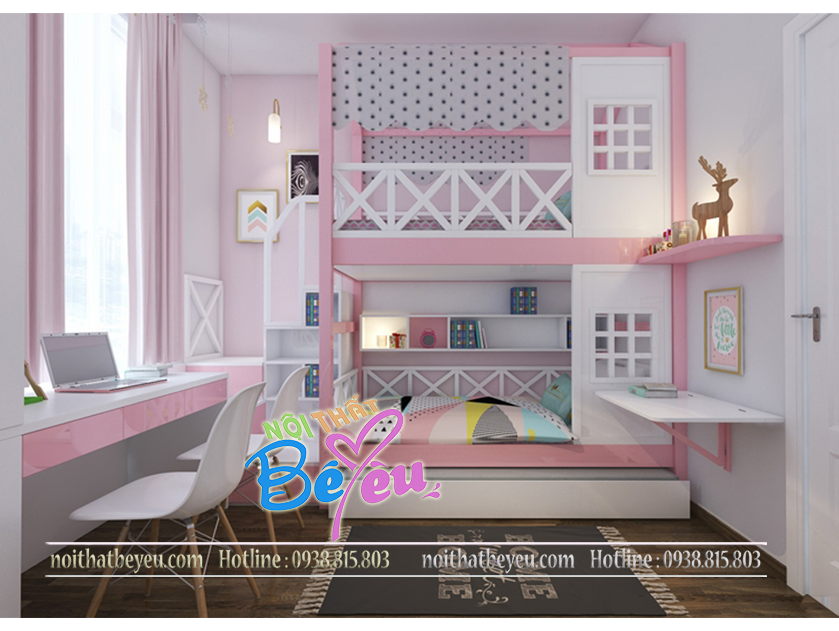 1. c thiet ke phong ngu cho 2 be gai mau hong don gian xinh dep - noi thet tre em - noi that be yeu 2