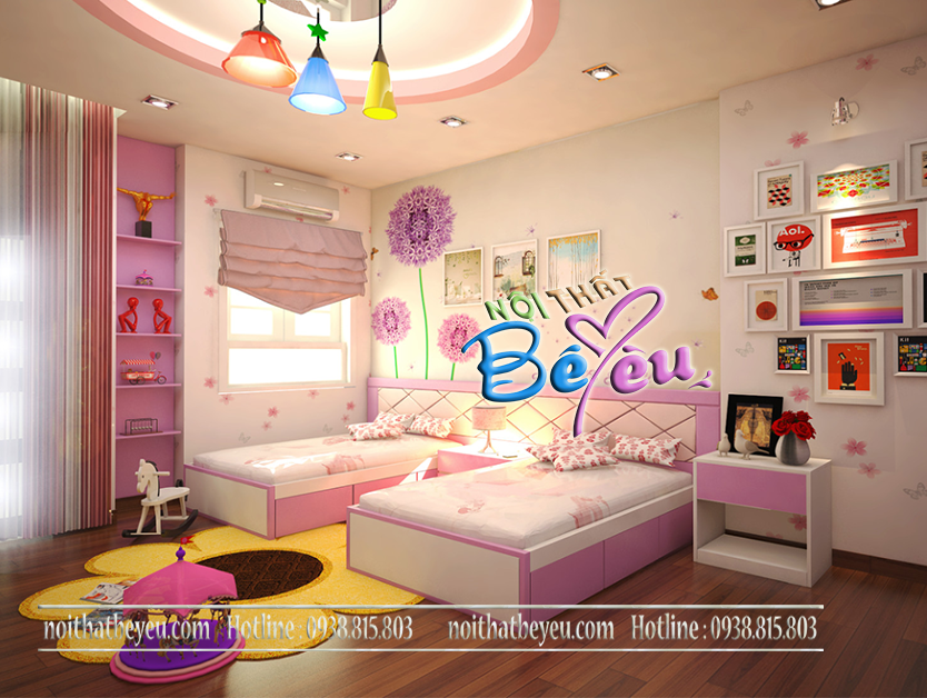 phòng ngủ cho be gái 3 mau hong noi that be yeu