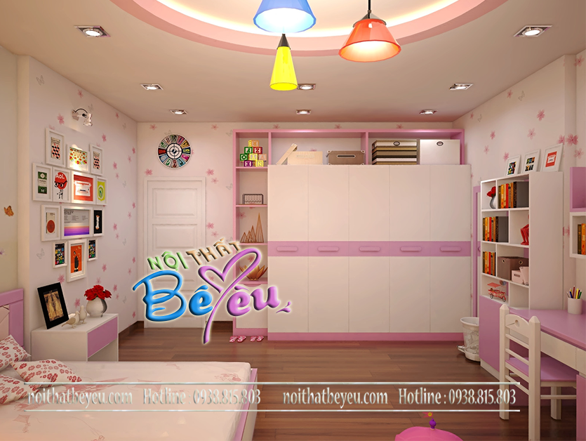 phòng ngủ cho be gái 2 mau hong noi that be yeu