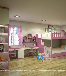 Giường 2 Tầng Màu Hồng Cho Bé Gái