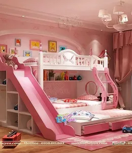 Giường hai tầng trẻ em màu hồng cho bé gái