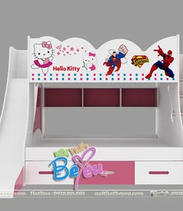 Giường Tầng Cho Bé Gái Có Cầu Trượt Màu Hồng Dễ Thương