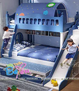 Giường Tầng Trẻ Em Có Cầu Trượt Cho Bé Gái Bé TRai Màu Xanh