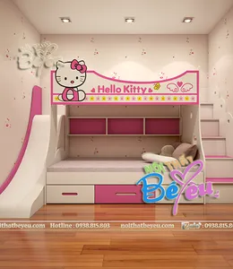 Giường Tầng TRẻ Em Hello Kitty Cho Bé Gái Có Cầu Trượt