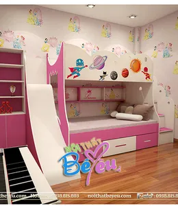 Phòng ngủ Bé Gái Công Chúa Màu Hồng [ Giường Tầng Có Cầu Trượt ]