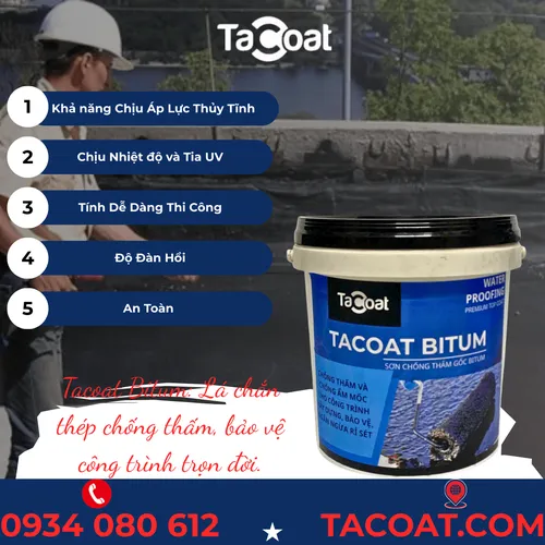 [0,5 Lít] Sơn Chống Thấm Bể Cá, Mái Tôn, Sàn Nền trước khi lát gạch - Sơn chống thấm gốc Bitum - TACOAT BITUM