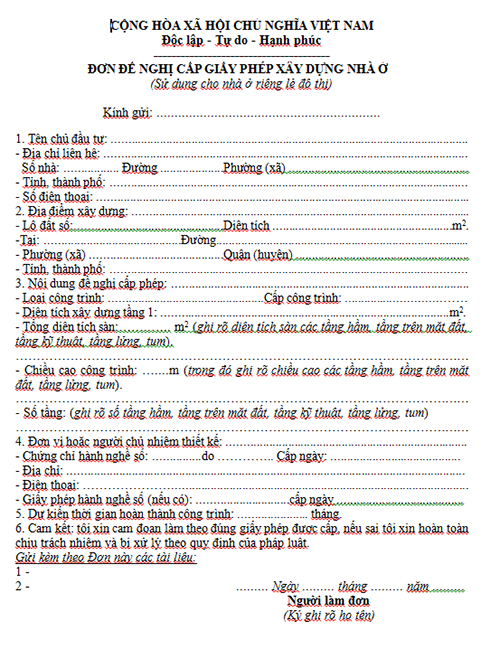 Đơn xin cấp phép xây dựng Dĩ An