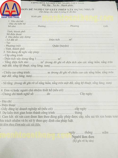 Đơn đề nghị cấp giấy phép xây dựng nhà ở
