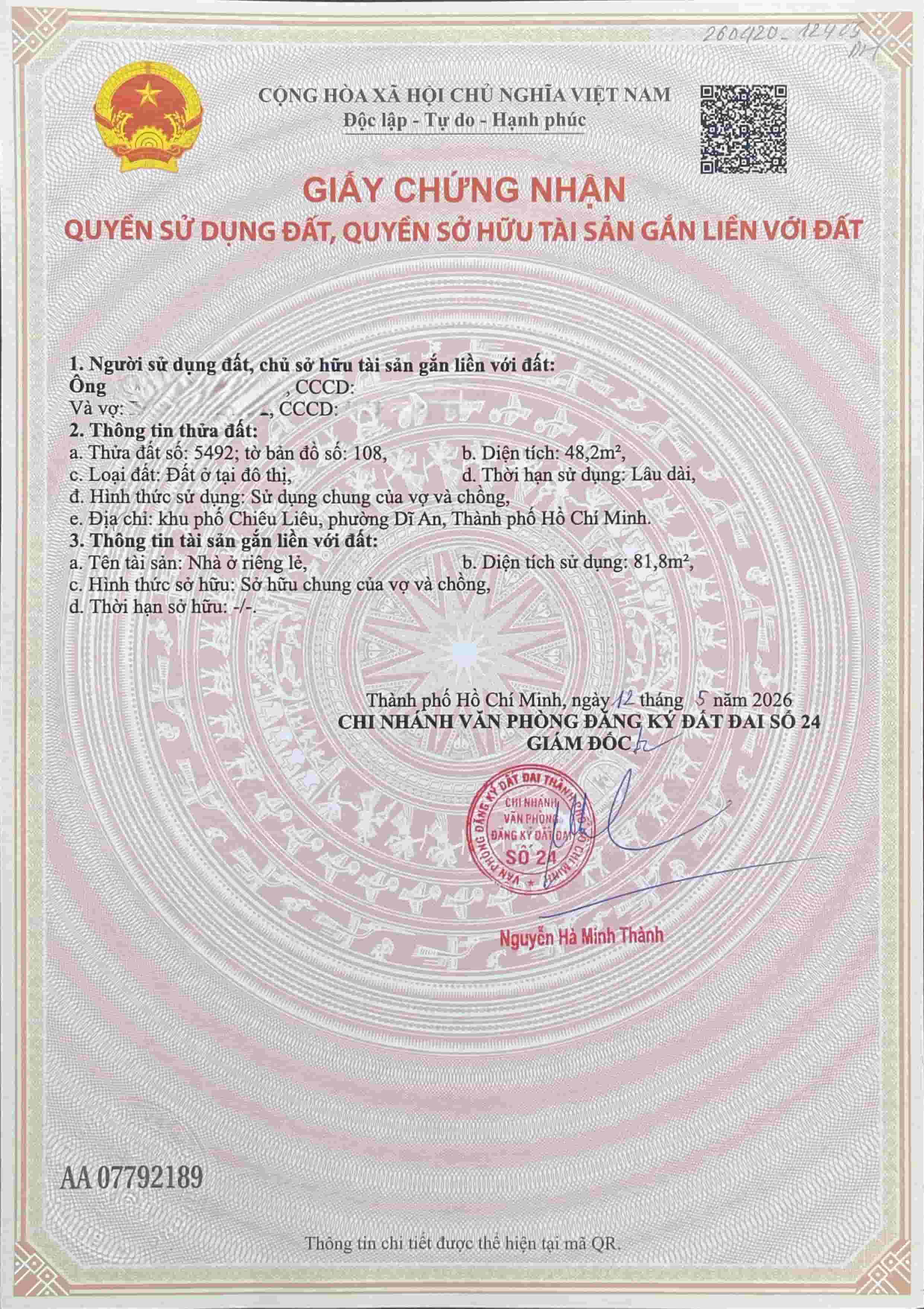 sổ hồng sau khi làm thủ tục hoàn công nhà ở bình dương
