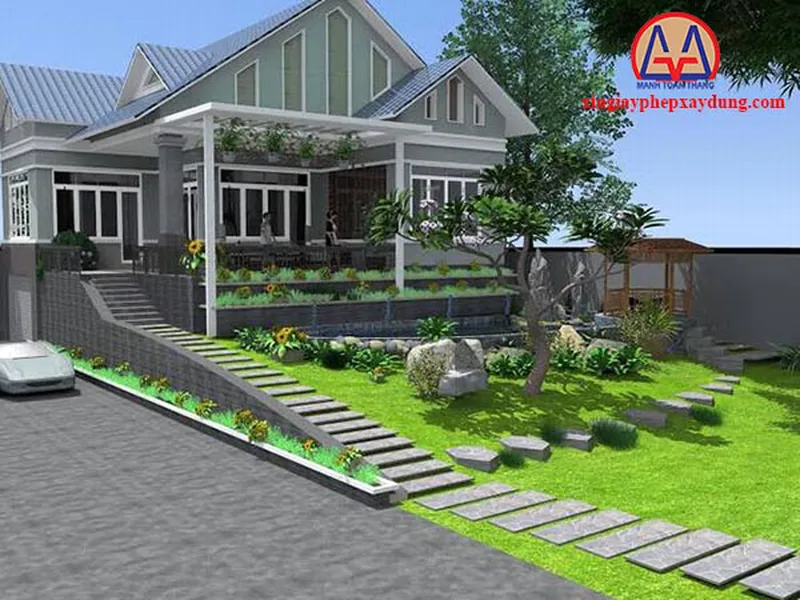 Thiết kế biệt thự sân vườn 14x14m mái thái hiện đại