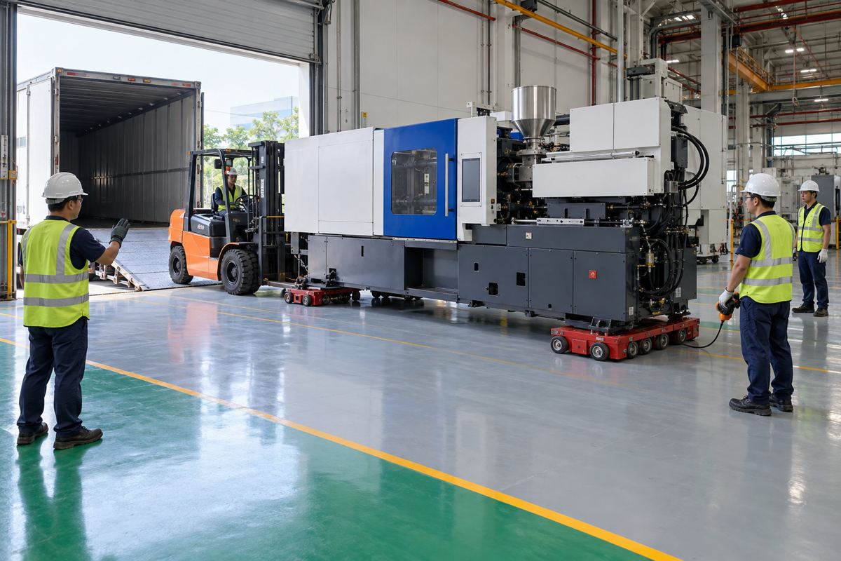 Ảnh AI minh họa máy ép nhựa trên thiết bị di chuyển chuyên dụng trong xưởng