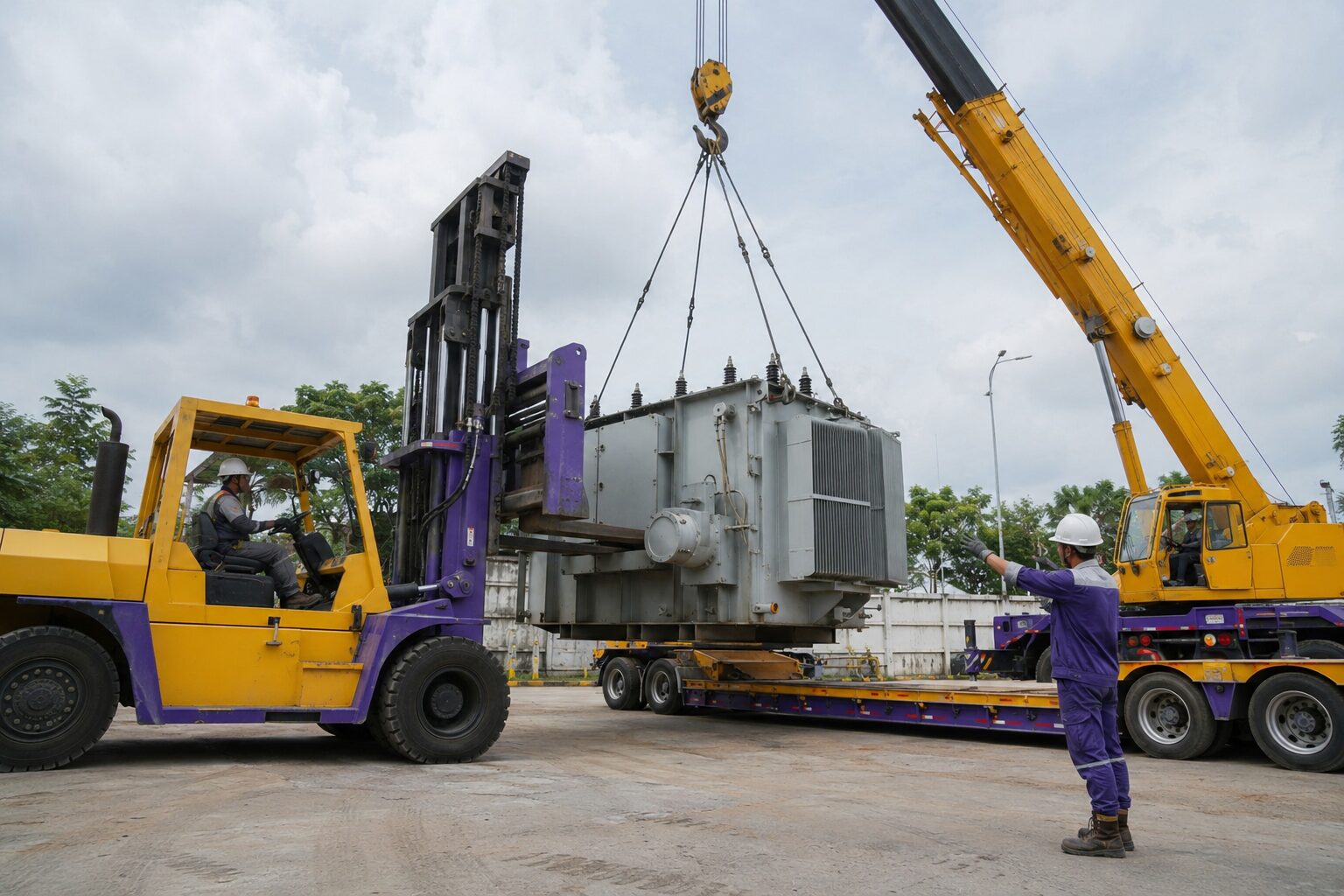 Phối hợp cẩu thùng và xe nâng tại nhà xưởng