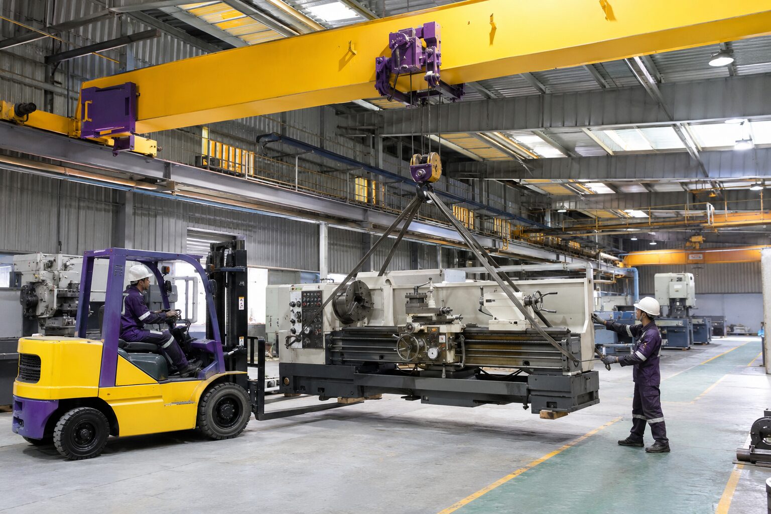 Xe nâng và xe cẩu phối hợp nâng máy móc