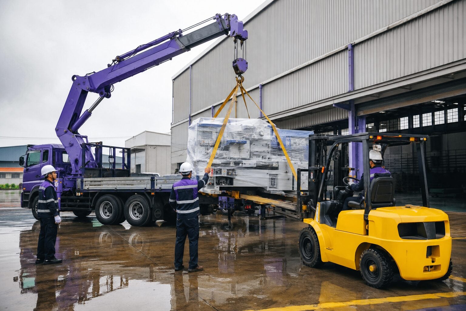 Xe nâng và xe cẩu hoàn tất di dời máy móc