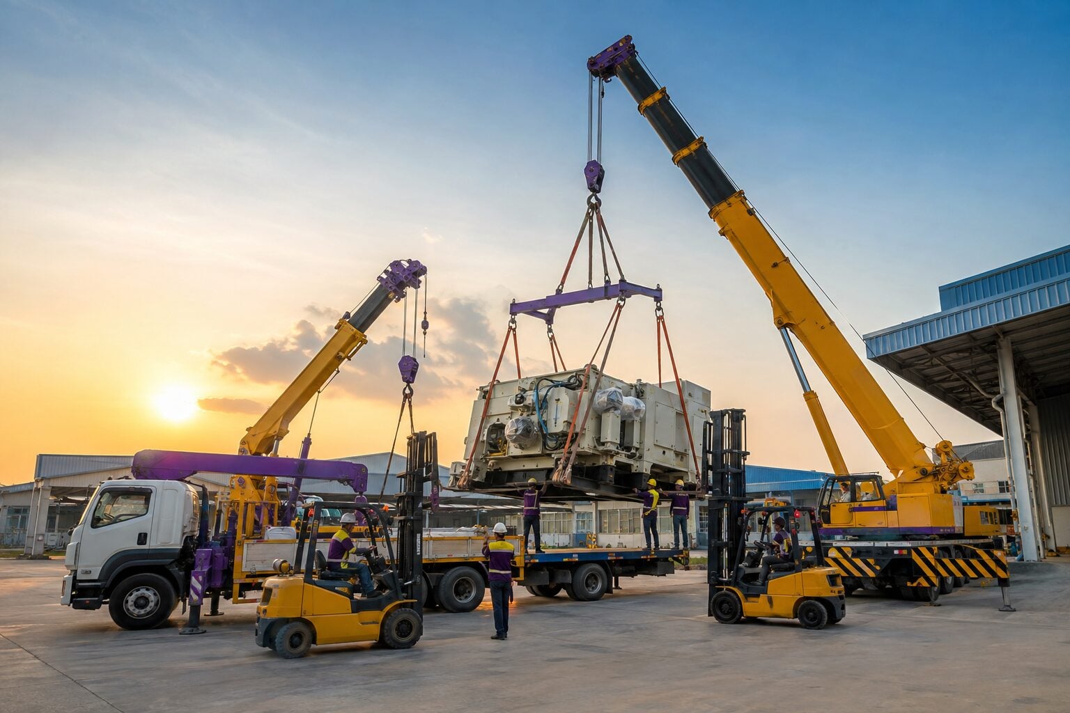 Xe nâng và xe cẩu phối hợp nâng hạ máy móc tại Bình Dương
