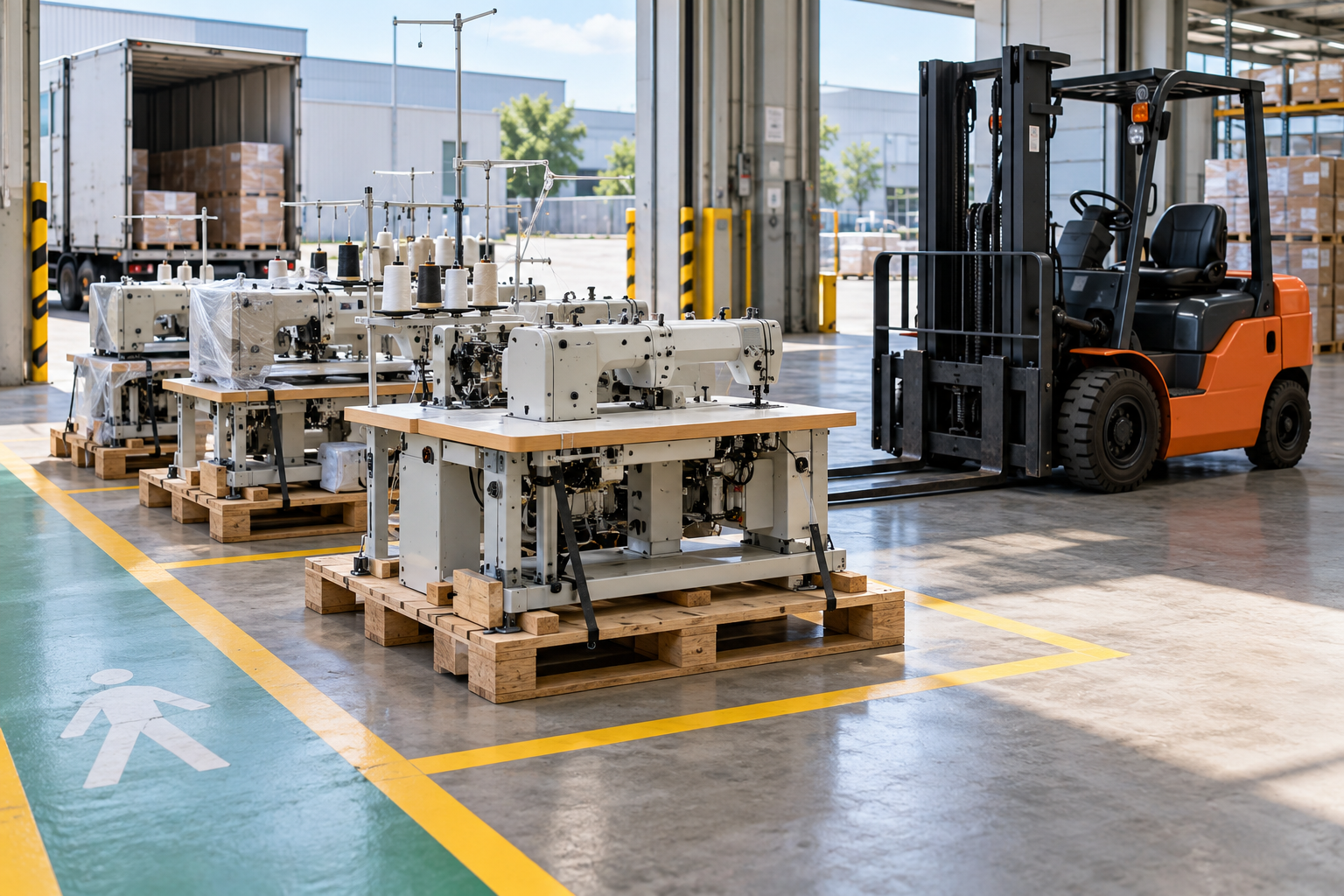 Ảnh AI minh họa máy may công nghiệp trên pallet tại khu nhận hàng nhà xưởng