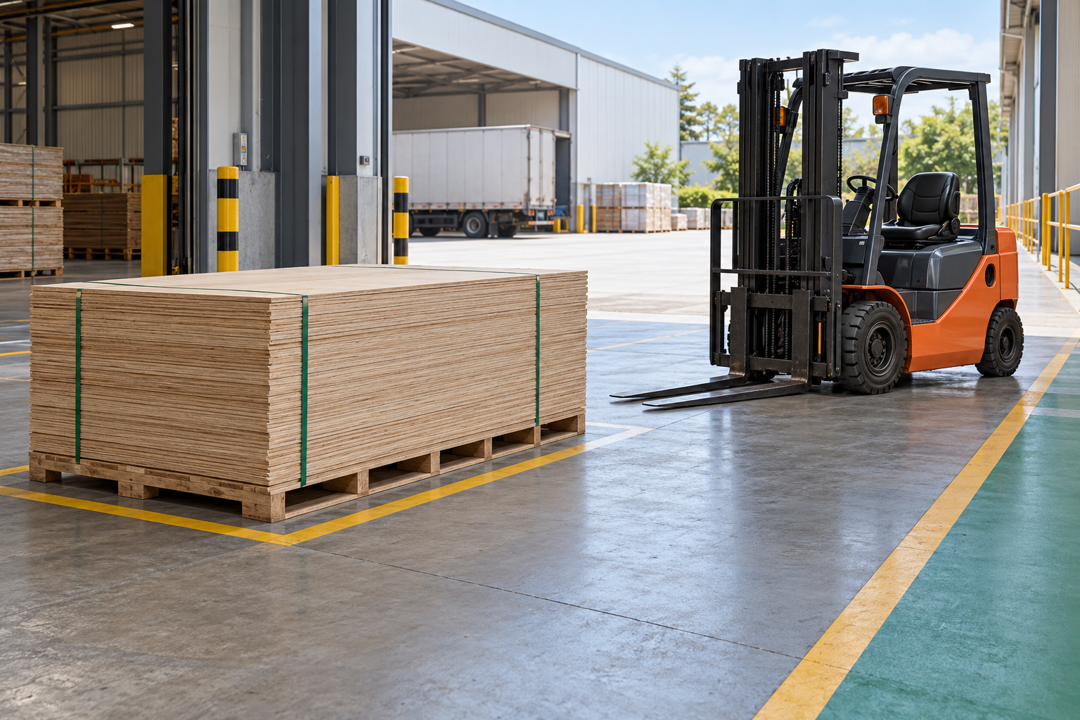 Ảnh AI minh họa ván ép đóng kiện tại khu nhận hàng nhà xưởng