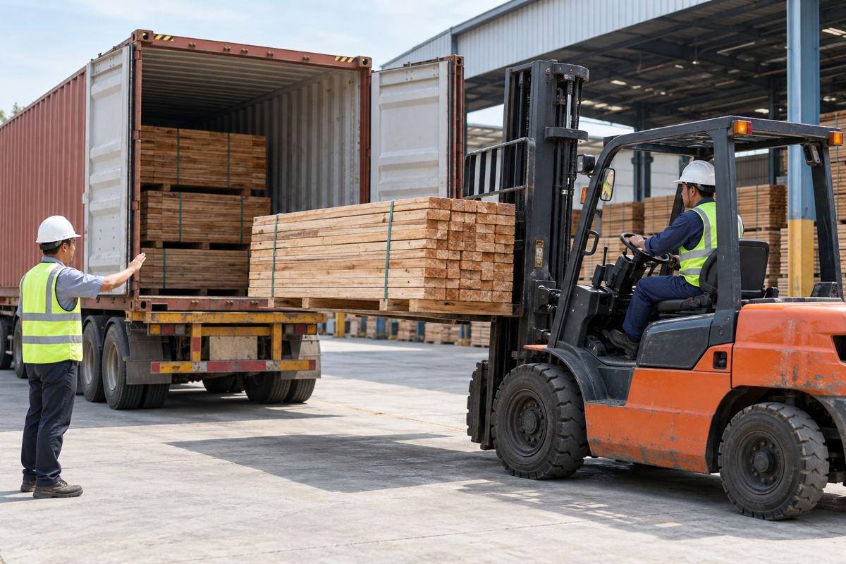 Ảnh AI minh họa xe nâng tiếp nhận kiện gỗ tại cửa container