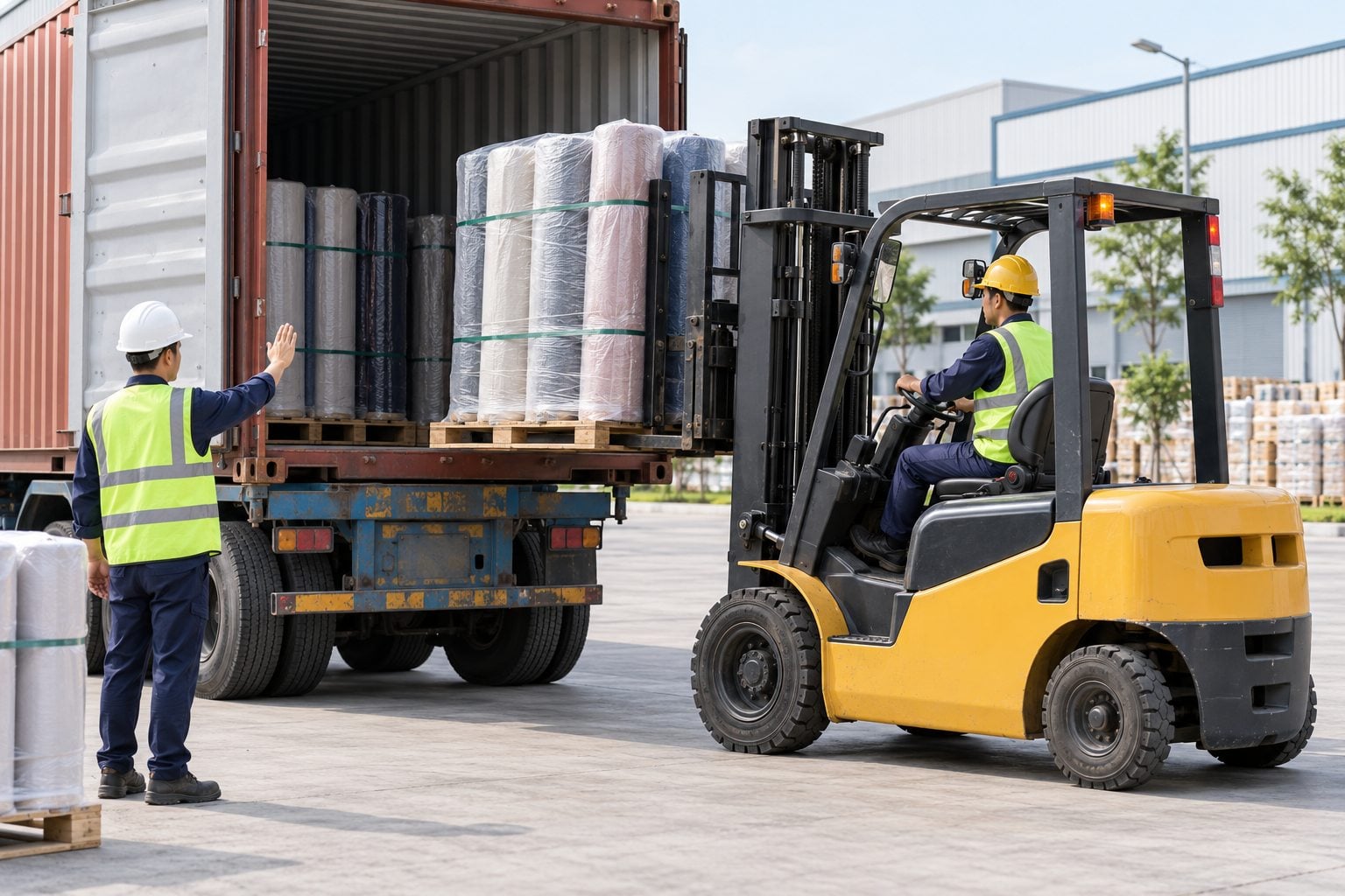 Ảnh AI minh họa xe nâng tiếp nhận pallet vải cuộn tại cửa container