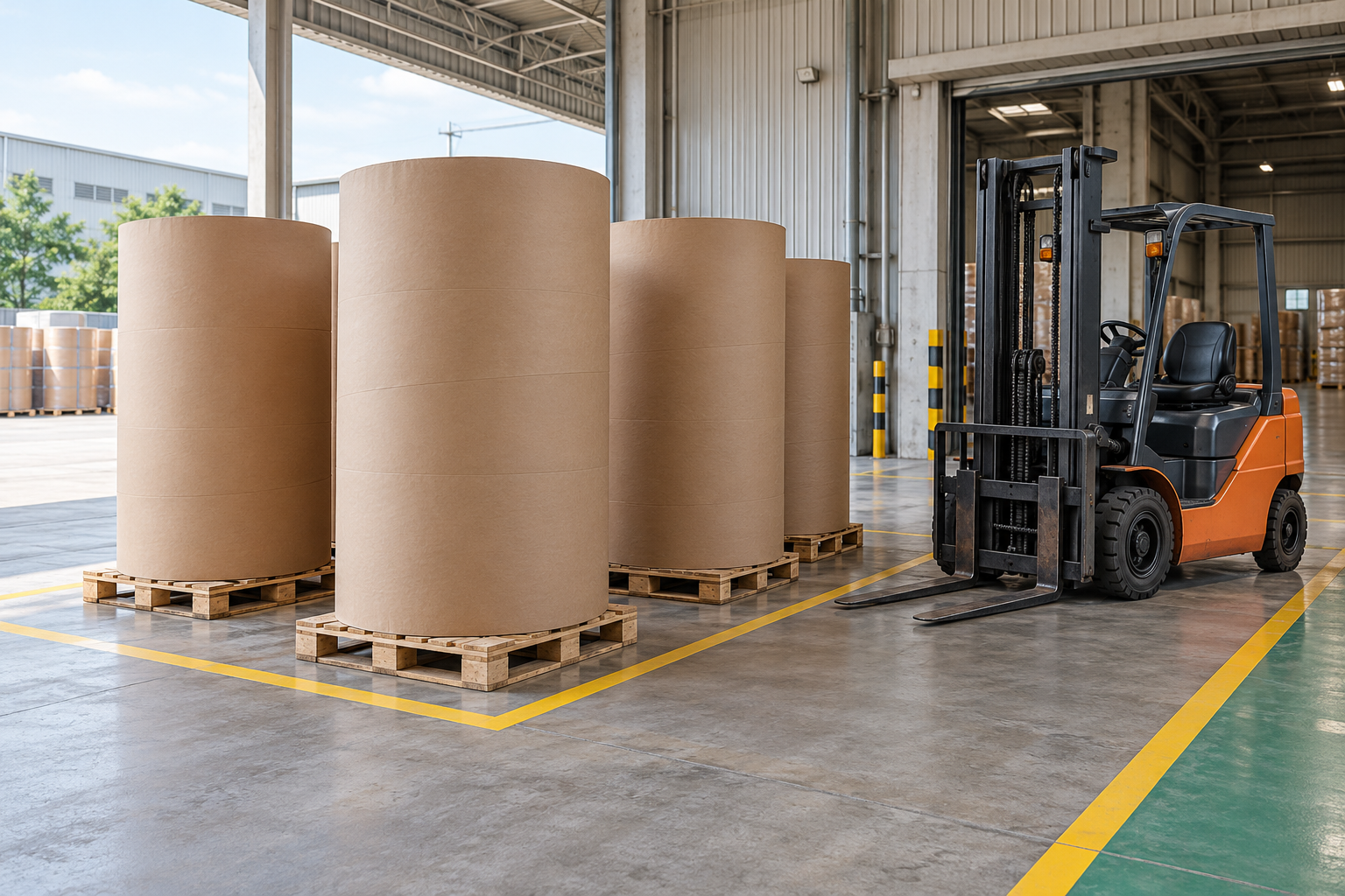 Ảnh AI minh họa giấy cuộn đóng trên pallet tại khu nhận hàng nhà xưởng