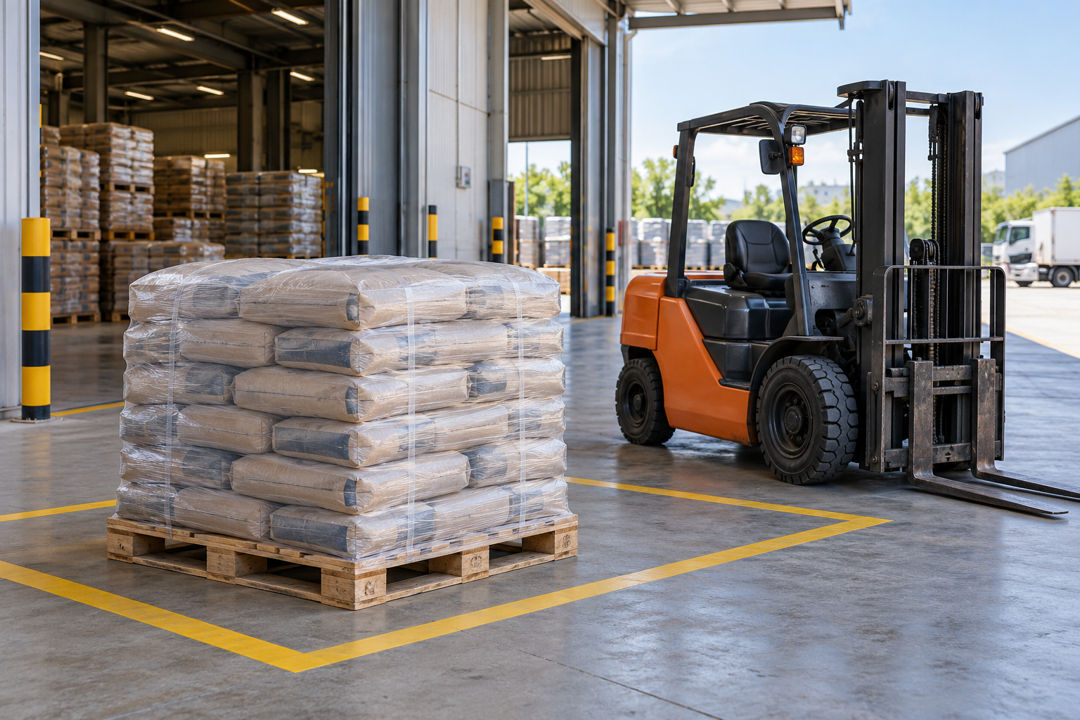 Ảnh AI minh họa xi măng đóng bao trên pallet tại khu nhận hàng nhà xưởng