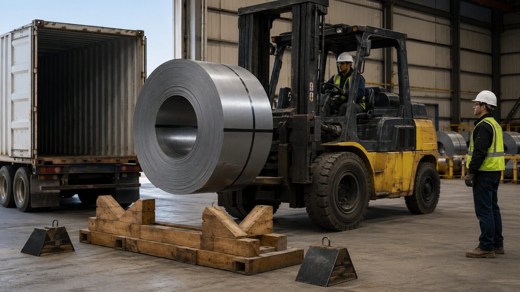 Xe nâng kê chống lăn tôn cuộn sau khi rút khỏi container