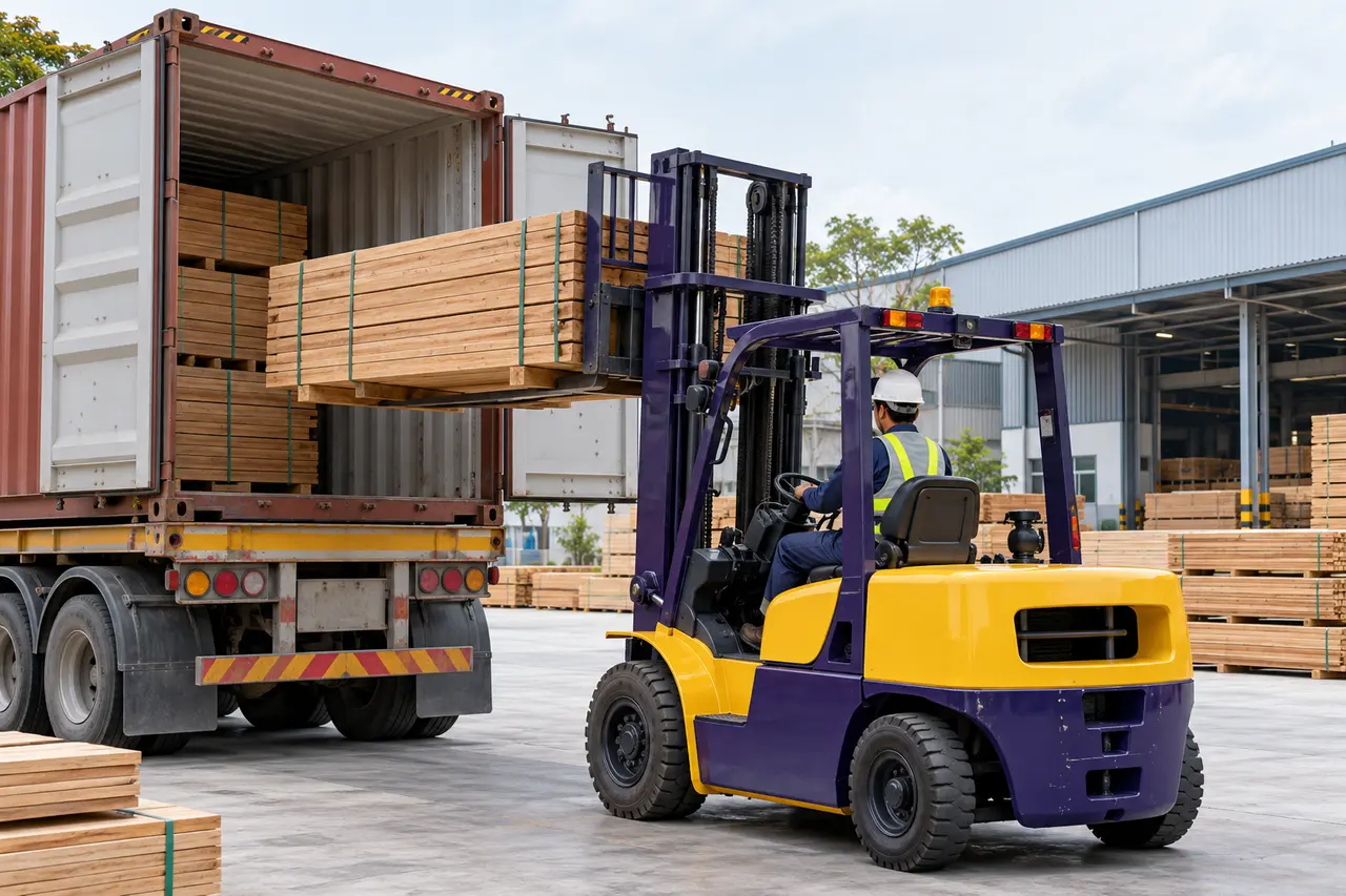 Xe nâng rút gỗ nguyên liệu khỏi container tại Bến Cát