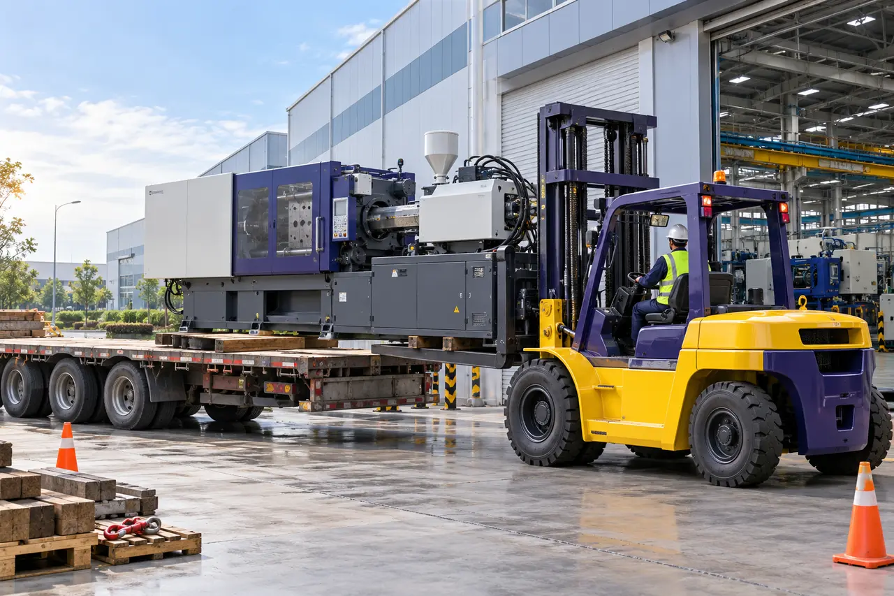 Xe nâng xuống máy ép nhựa tại Bến Cát