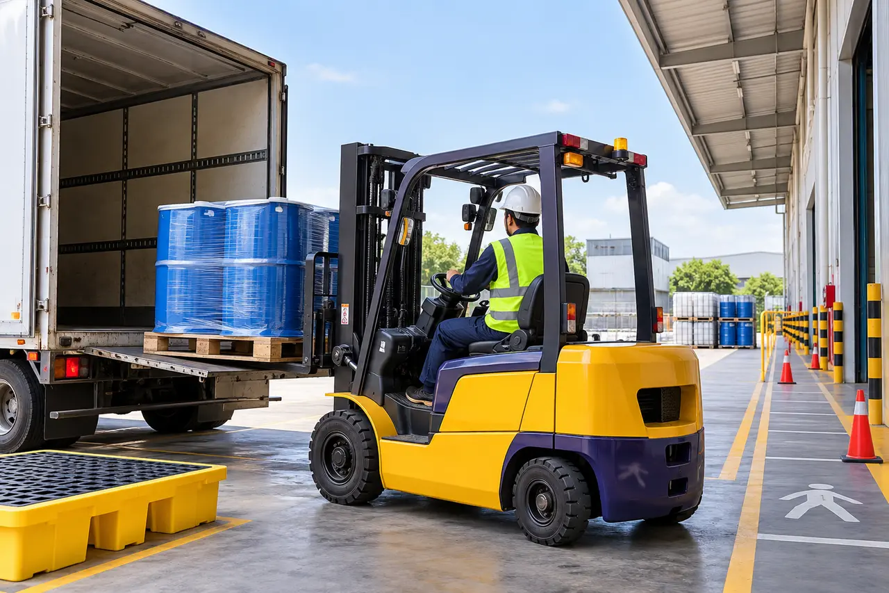 Xe nâng xuống pallet phuy hóa chất tại Bến Cát