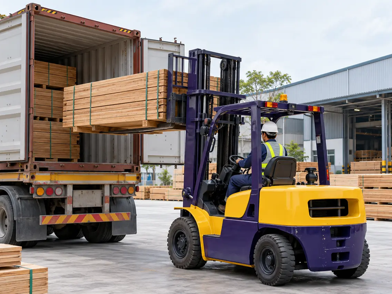 Cách bố trí xe nâng rút gỗ container tại Đất Cuốc